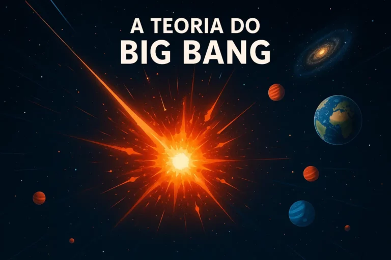 Ilustração digital representando a teoria do Big Bang, com uma explosão cósmica colorida a expandir-se no espaço, simbolizando a origem do universo.