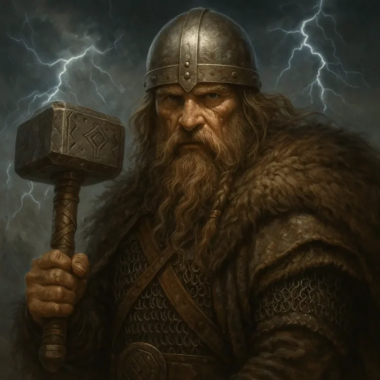 Thor, deus nórdico do trovão, em representação ultra realista com o martelo Mjölnir, símbolo da mitologia viking e da história real dos vikings.