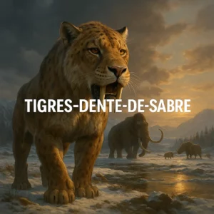 Tigres-dente-de-sabre em destaque num cenário glaciar ao pôr do sol, com mamutes e outros mamíferos pré-históricos ao fundo. A imagem é realista, poderosa e centrada na palavra-chave