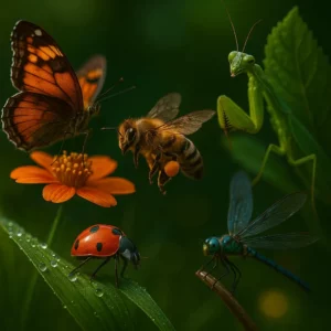 Imagem 1:1 ultra realista com vários tipos de insetos: abelha em voo, borboleta, louva-a-deus, joaninha e libélula, em fundo verde suave.