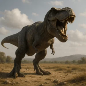 Tiranossauro Rex realista rugindo em planície aberta do Cretácico