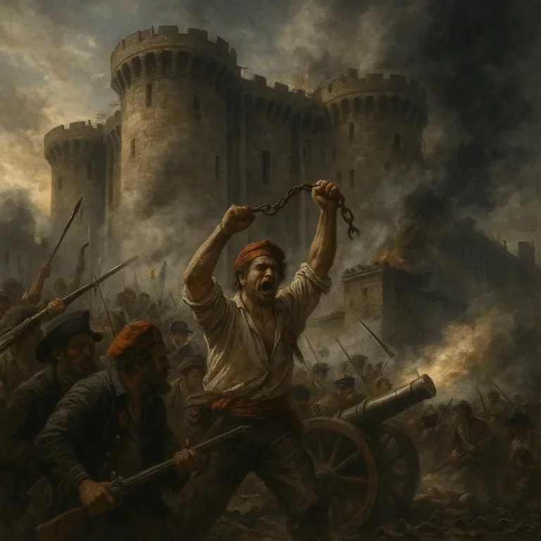 Tomada da Bastilha (14 de julho de 1789): multidão armada invade a fortaleza em Paris sob bandeiras tricolores, fumo e muralhas em ruína.