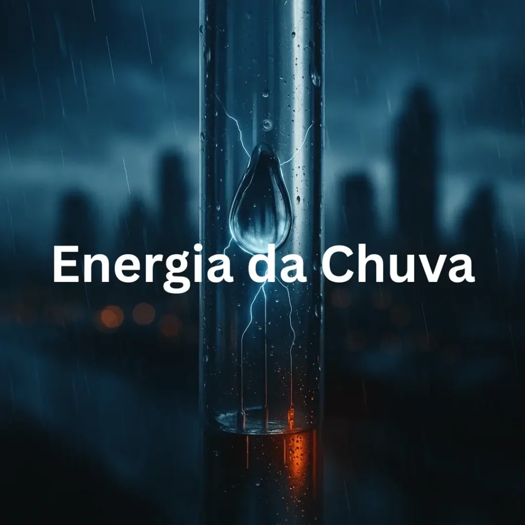 Gota de chuva num tubo transparente com descargas elétricas e cidade desfocada ao fundo, simbolizando transformar água da chuva em energia limpa e renovável.