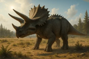 Triceratops realista com três cornos e gola óssea elevada em planície cretácica