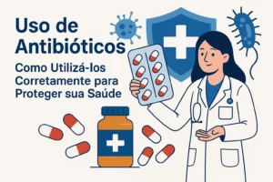 Ilustração sobre o uso de antibióticos, mostrando um médico segurando uma cartela de comprimidos, com símbolos de bactérias e um escudo representando proteção à saúde.