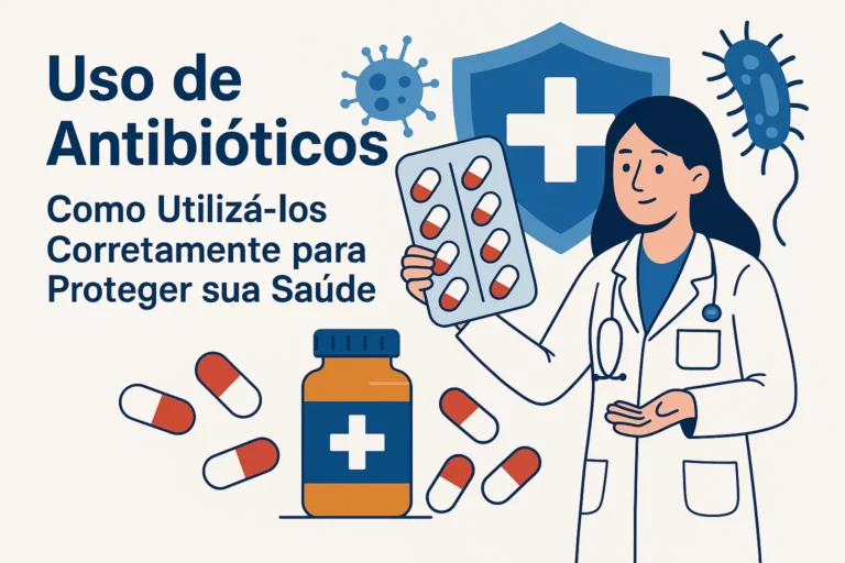 Ilustração sobre o uso de antibióticos, mostrando um médico segurando uma cartela de comprimidos, com símbolos de bactérias e um escudo representando proteção à saúde.