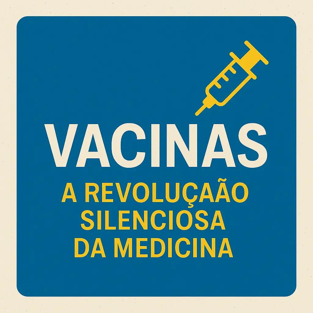 Imagem quadrada com fundo azul, título "Vacinas: A Revolução Silenciosa da Medicina" em letras brancas e amarelas, com ícone de seringa no canto superior direito.