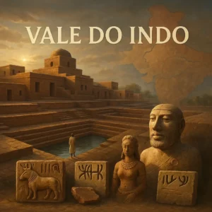 Cena realista da civilização do Vale do Indo com edifícios em tijolo, um reservatório de água, artefactos antigos, bustos e inscrições, sob um céu dourado ao entardecer.