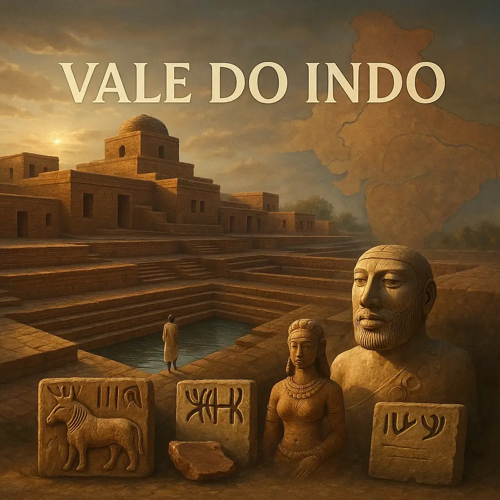 Cena realista da civilização do Vale do Indo com edifícios em tijolo, um reservatório de água, artefactos antigos, bustos e inscrições, sob um céu dourado ao entardecer.