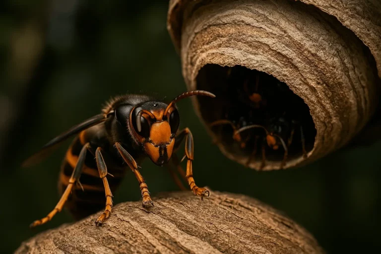 Vespa velutina (vespa asiática) em foco próximo junto ao ninho de papel, com detalhes realistas das cores e textura.