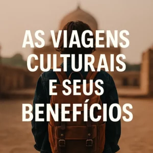 Capa quadrada com fundo de mapas e monumentos estilizados, apresentando o título “Viagens Culturais: Aprender, Sentir e Crescer” centralizado em fonte clássica, rodeado por ícones de cultura e descoberta.