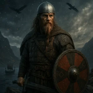 Vikings História Real: Guerreiros nórdicos que marcaram a Europa. Guerreiro viking em armadura com escudo,