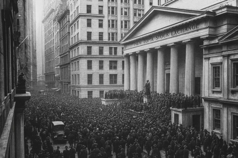 Multidão reunida em frente à Bolsa de Nova Iorque durante a Crise de 1929, momentos após o colapso das ações que desencadeou a Grande Depressão.